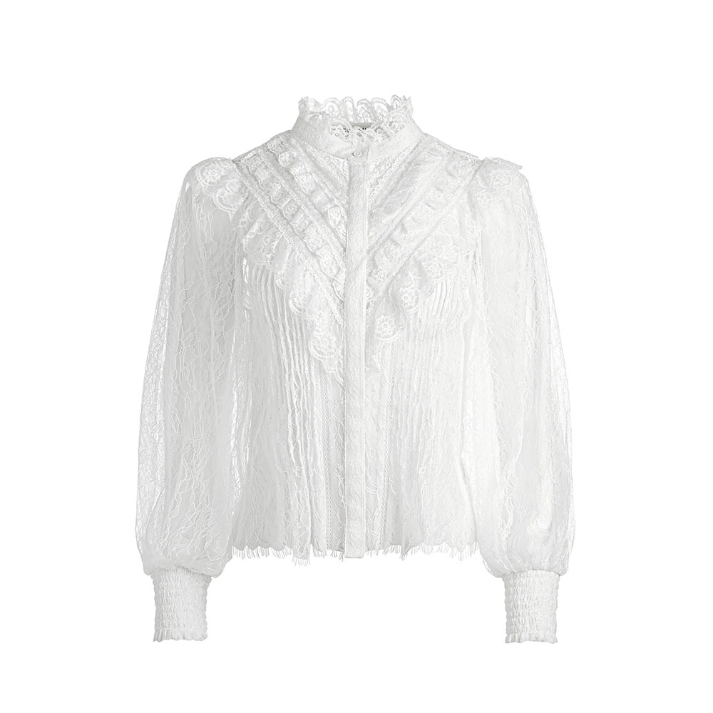 Rheba Mock Neck Button Front Lace Top at Alice + Olivia