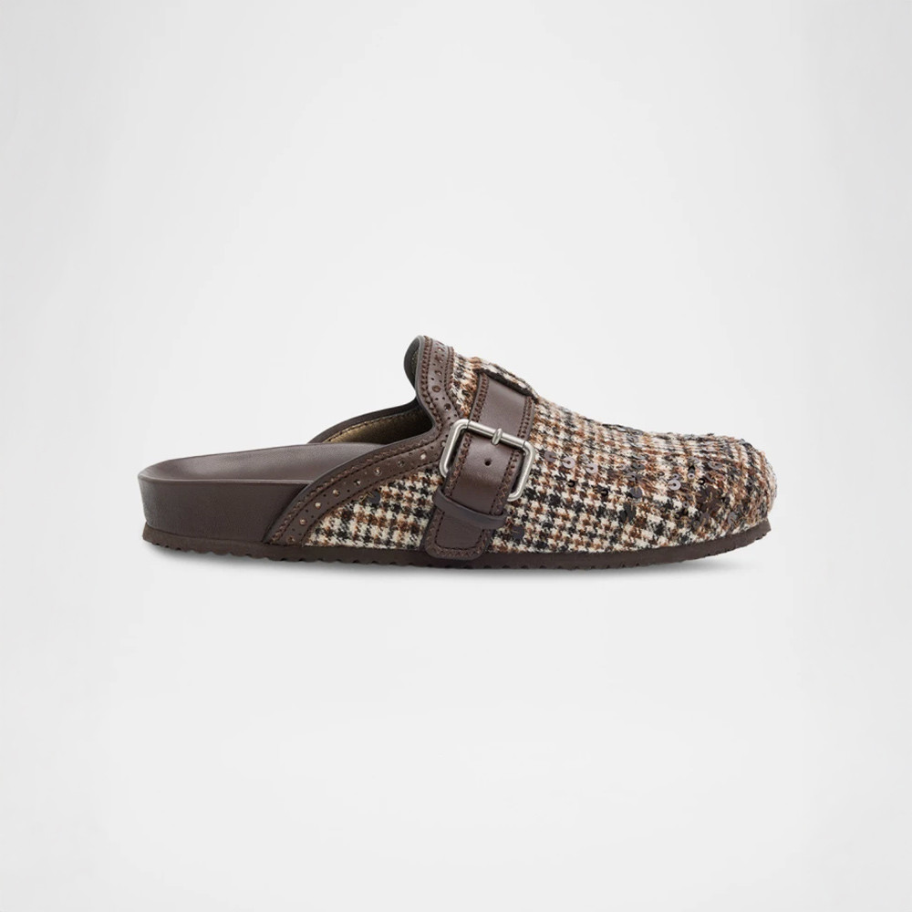 Plaid Sequined Wool and Leather Buckle Clogs from Brunello Cucinelli at Neiman Marcus