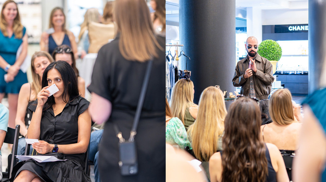 People listening to presenters talk about makeup