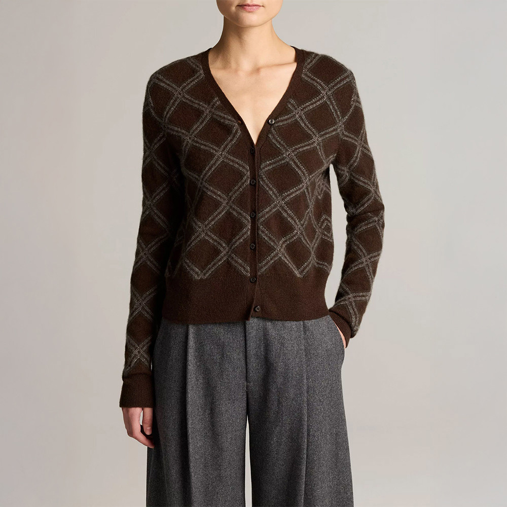 Diamond Plaid Cashmere V-Neck Cardigan at Vince