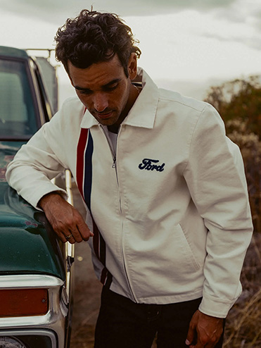 Man wearing Brixton x Ford collaboration