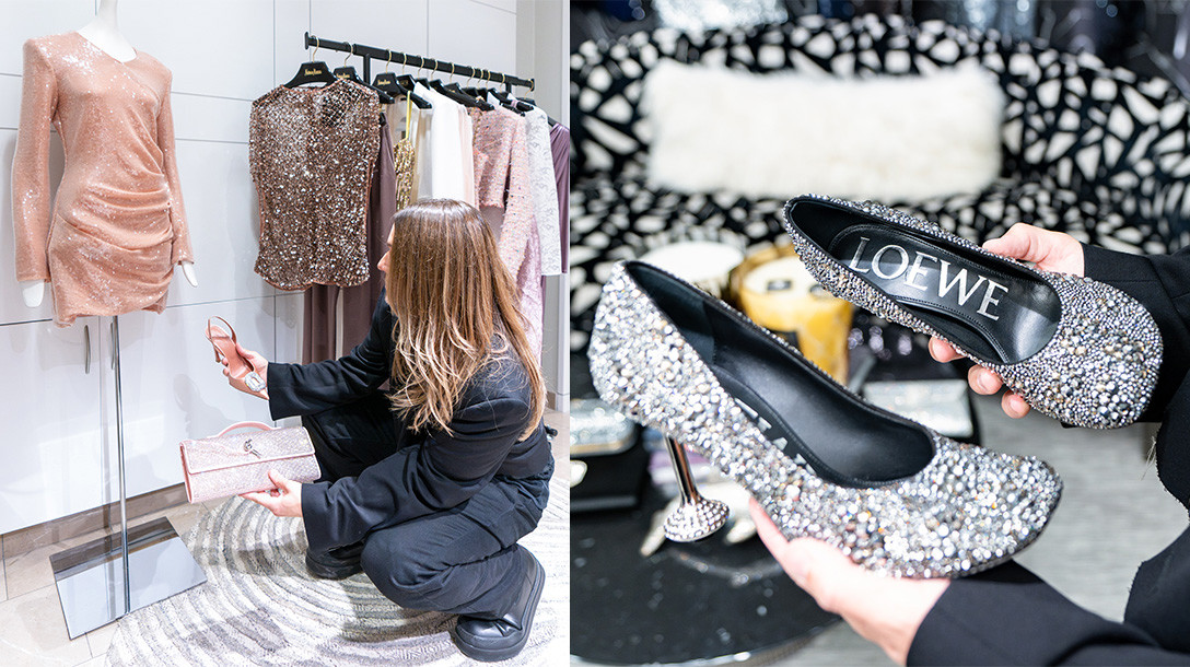 Stylist selecting pairs of shoes and purse to go with dress